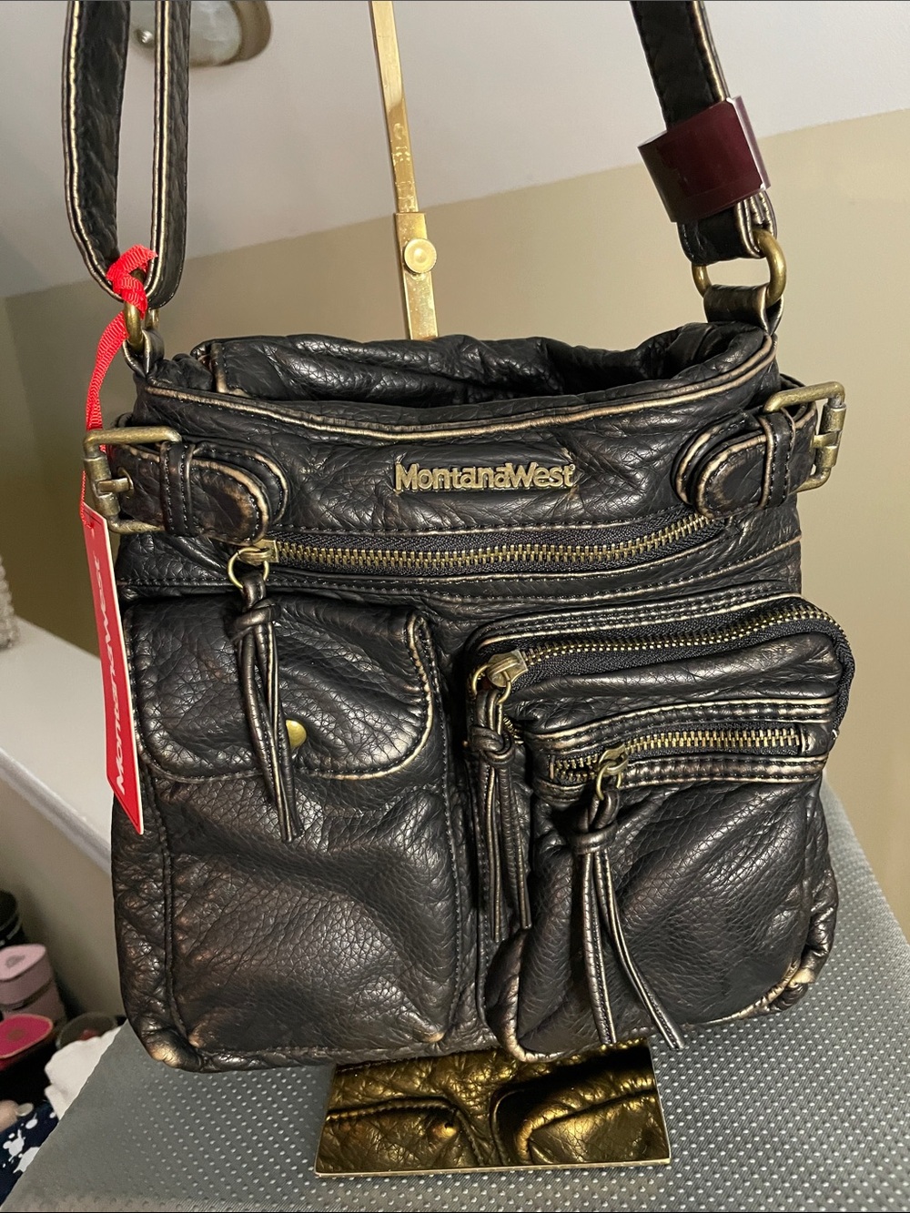 Montana West Black Textured Leather-Look Crossbody with Brass Accents